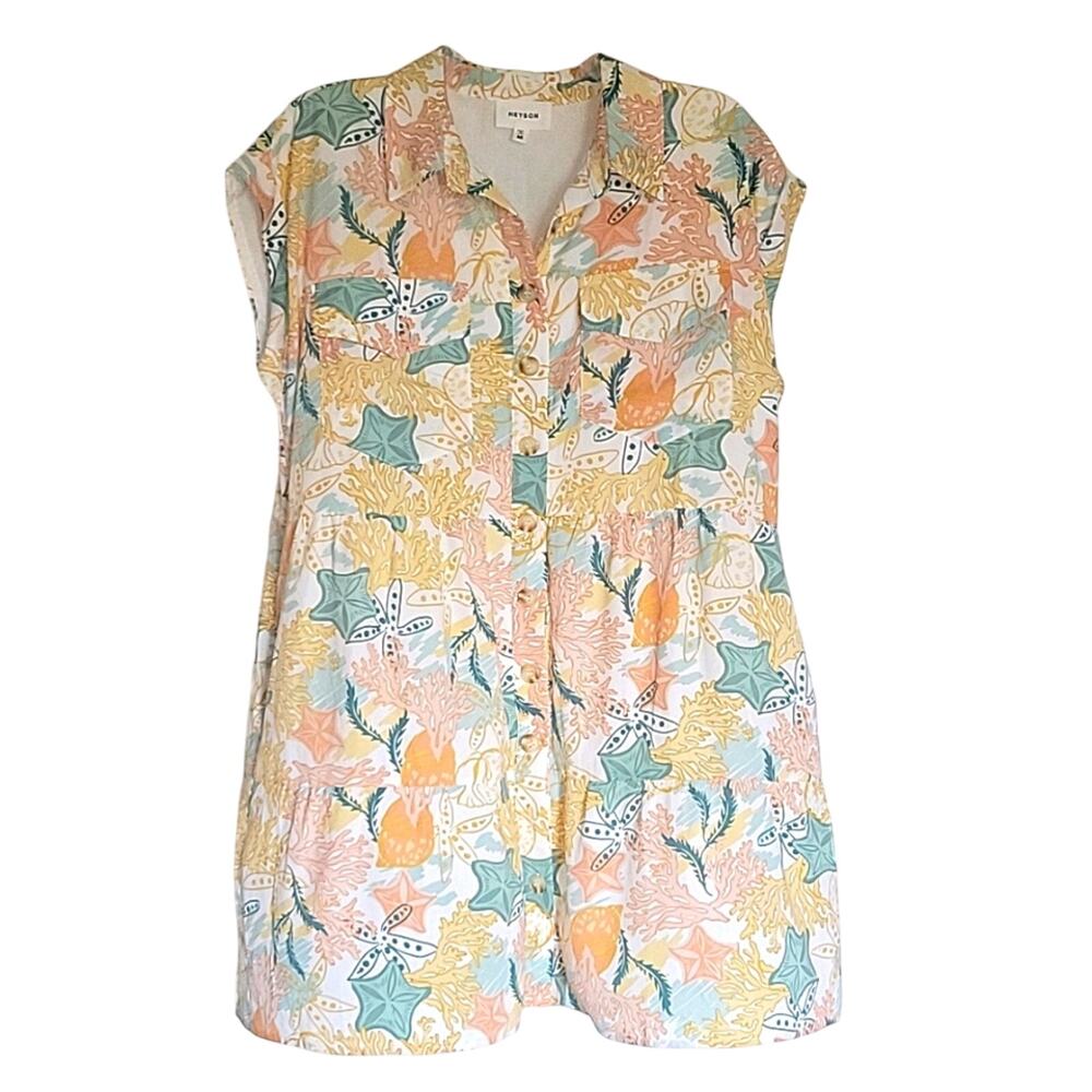 Heyson Under the Sea dress short/tunic length Button Down Pockets Collar Women M
